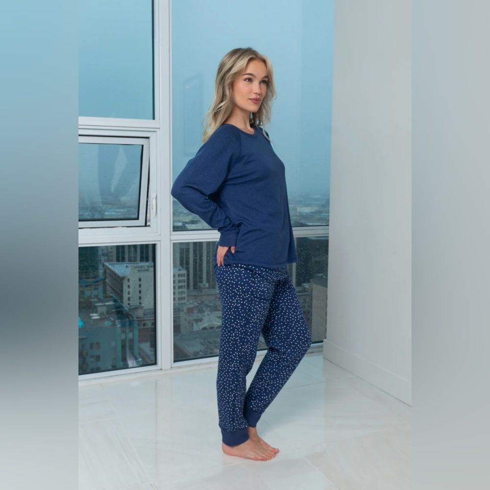 3PCS Blue Polka Dot PJ Lounge Set Pants, Long Sleeve & Sleeveless Top NWT